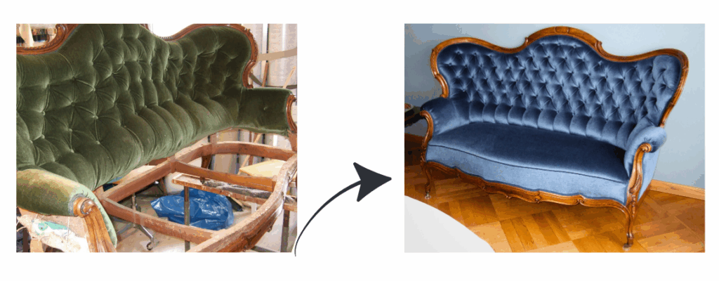 Vorher nachher eines Antiken Sofas mit geknüpften Rücken. 