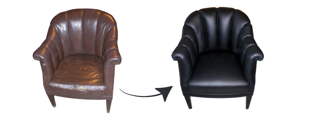 Vorher nachher eines Ledersessels. Von Braun abgesessen und kaputt, in neu aufgepolstert und schwarz.