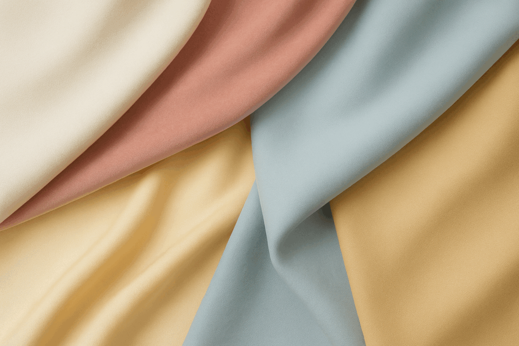 Pastellfarben Samte Stoffe übereinander liegend in Elfenbein, rosé, puderblau und gold