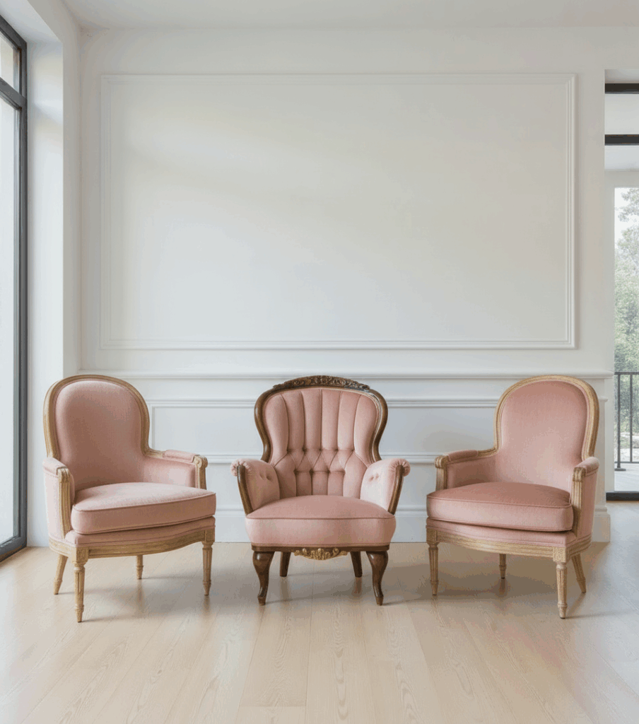 drei antike Sessel im modernen altrosa samt Bezug vor einer weißen wand, räum mit hoher Decke und hohen Fenstern